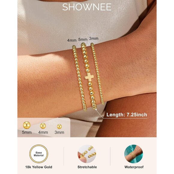 Gold Beaded Bracelet Set for Women 14K Gold Plated Stylish and Stackable - Picture 5 of 6